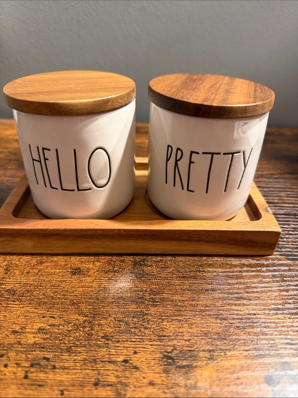 Rae Dunn Hello Pretty Ceramic Canister Set with Wooden Lids